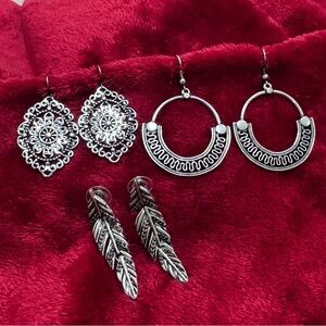 Silver-Tone Marcasite Feather Hinge, Filigree Mandala, Boho Earrings Set 3 Pairs
